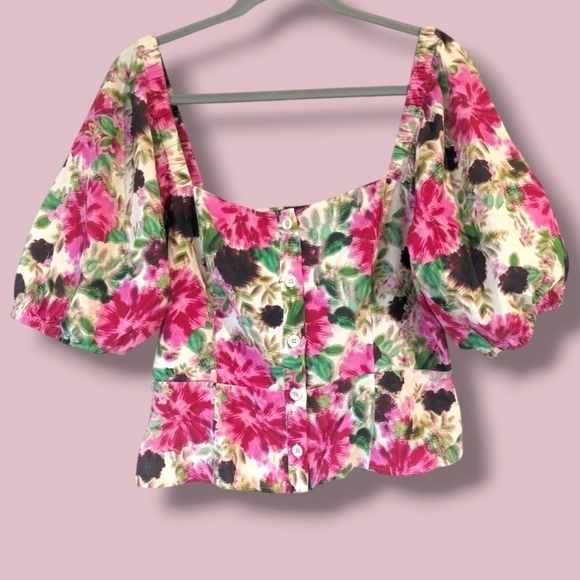 BCBGMaxAzria Colorful Bold Floral Puff Sleeve Button-Up Crop Top Coastal Beach - Picture 2 of 10